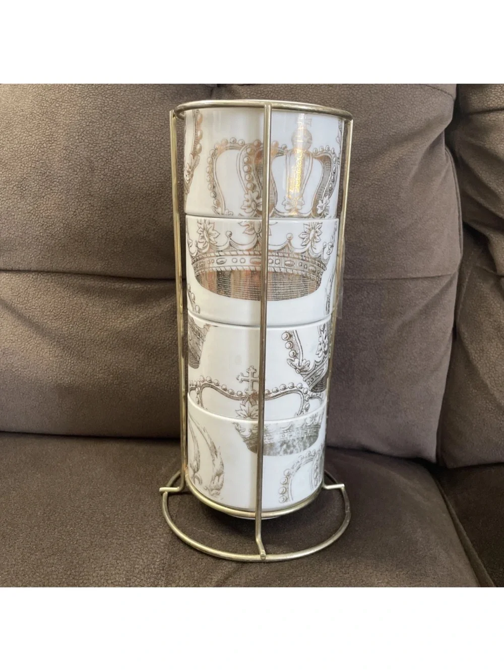Pier 1 Stackable Coffee Mugs SET OF 4 Cups w/ Rack Silver Crown Elegant Regency